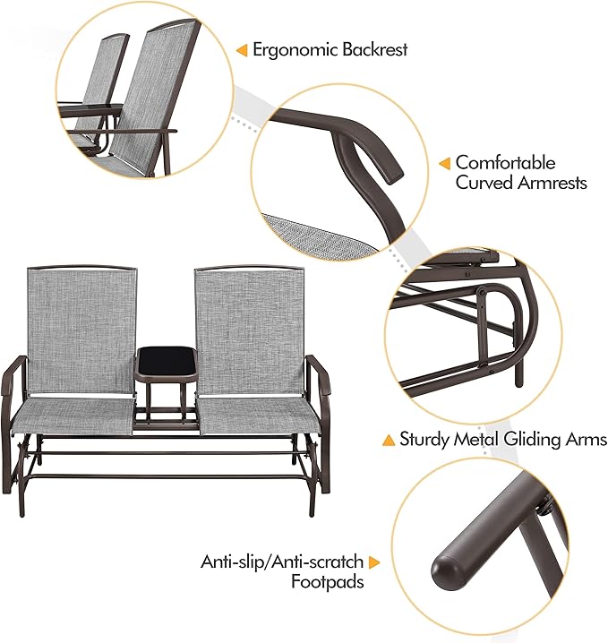 Yaheetech 2-Seat Outdoor Glider with Center Table, Patio Rocking Loveseat with Breathable Mesh Sturdy Metal Frame for Garden Pool Lawn
