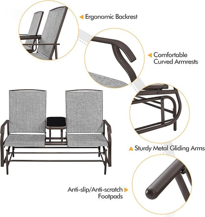 Yaheetech 2-Seat Outdoor Glider with Center Table, Patio Rocking Loveseat with Breathable Mesh Sturdy Metal Frame for Garden Pool Lawn