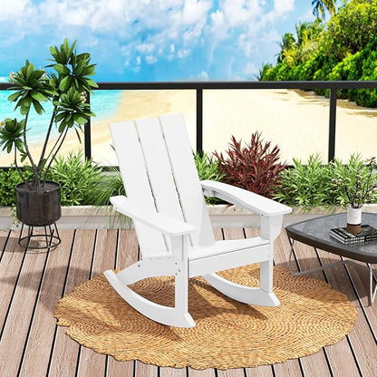 Costaelm Outdoor Adirondack Chair, All Weather Resistant Lawn Chairs Balcony Chair and Fire Pit Chairs, Patio Chair Outdoor Porch Rocking Chair High Back HDPE Poly Lumber, White