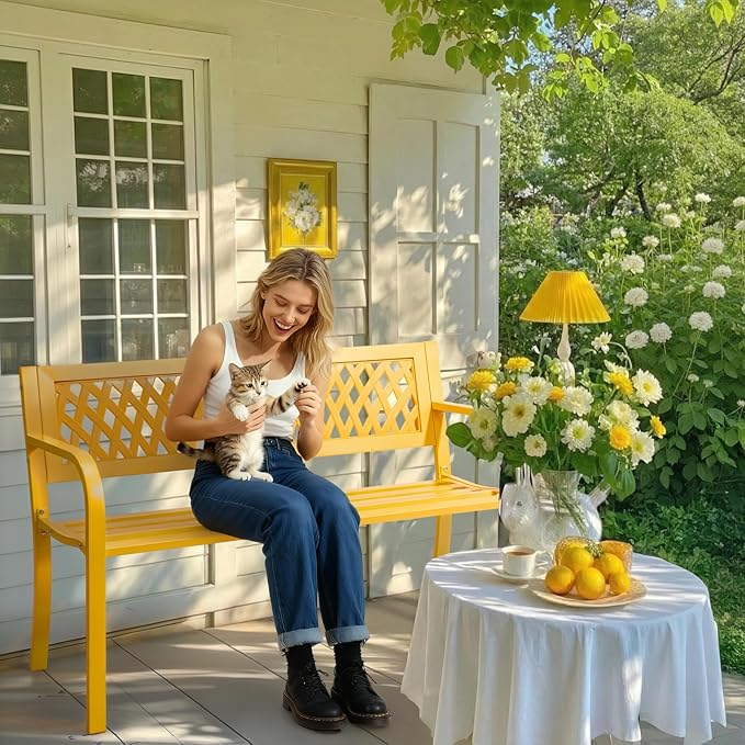Outvita Outdoor Bench, 47" Iron Steel Frame Garden Bench with Mesh Pattern and Plastic Backrest Armrests, Patio Bench for Garden Park Yard Front Porch Patio, Yellow