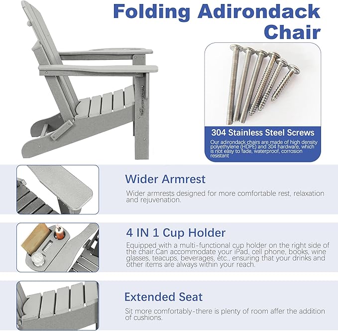 FOOWIN Folding Adirondack Chair Set of 6, HDPE Adirondack Chairs with Cup Holder - Photo 4