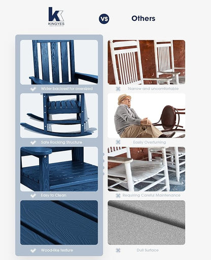 KINGYES Outdoor Rocking Chair, All-Weather Oversized Patio Rocking Chairs for Porch, Navy