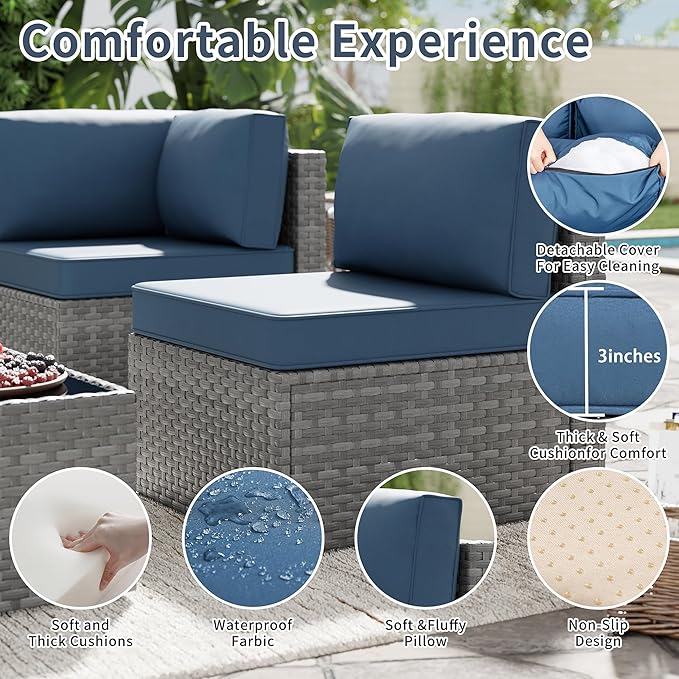 SUNLEI 5 Piece Patio Furniture Sets, Low Back All-Weather Rattan Sectional Sofa with Tea Table&Washable Couch Cushions - Photo 3