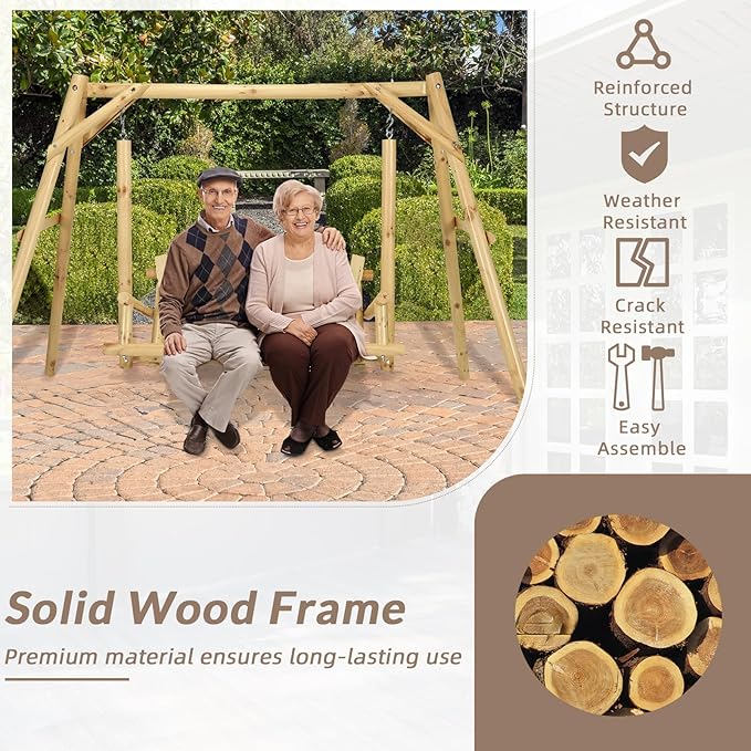 2-Seat Wooden Log Porch Swing With Stand, Rustic Hardwood Chair Bench, Curved Back, for Outside Yard, Garden, Deck - Photo 4