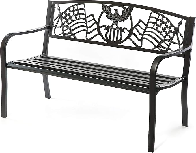 Steel Outdoor Patio Garden Park Seating Bench with Cast Iron Patriotic American Flag and Eagle Backrest, Front Porch Yard Bench Lawn Decor