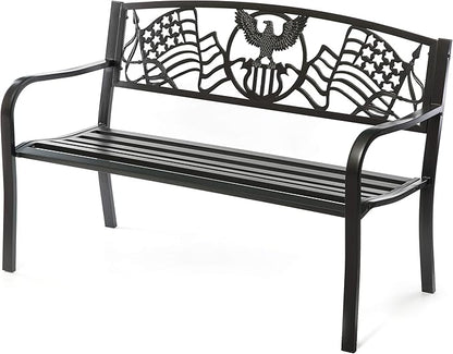 Steel Outdoor Patio Garden Park Seating Bench with Cast Iron Patriotic American Flag and Eagle Backrest, Front Porch Yard Bench Lawn Decor