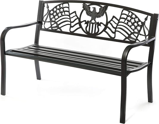 Steel Outdoor Patio Garden Park Seating Bench with Cast Iron Patriotic American Flag and Eagle Backrest, Front Porch Yard Bench Lawn Decor