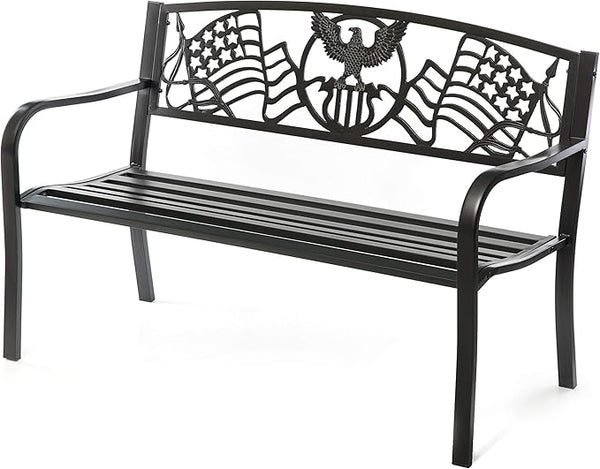 Steel Outdoor Patio Garden Park Seating Bench with Cast Iron Patriotic American Flag and Eagle Backrest, Front Porch Yard Bench Lawn Decor