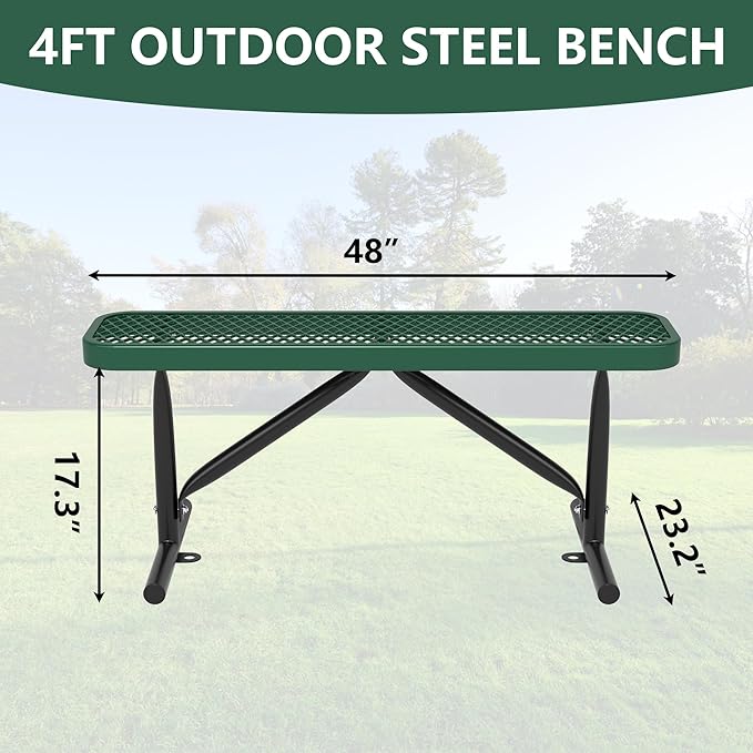 4 Feet Outdoor Steel Bench, Green Heavy Duty Metal Park Bench for Outside, Weatherproof Dock Bench, 48" L Commercial Benches Mesh Bench for Shopping Mall, Store, Lawn, Park, Patio, Deck, Garden