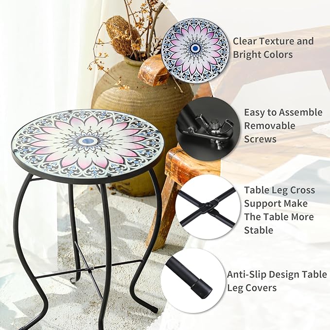 VCUTEKA Outdoor Side Table Mosaic End Table Patio Side Table Small End Tables Glass Top Round Balcony Coffee Porch Indoor Glass Top Flower 14''