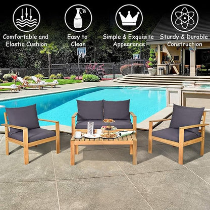 COSTWAY 4 Pieces Outdoor Acacia Wood Sofa Set, Outdoor Conversation Sofa Set with Table & Cushions Porch Chairs for Garden, Patio, Deck