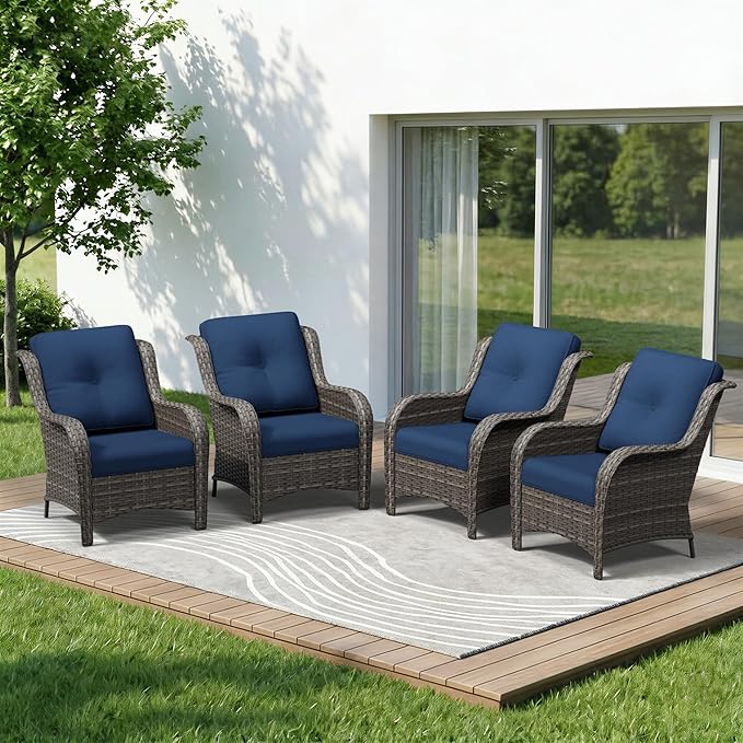 4 Piece Outdoor Wicker Patio Furniture Set, Patio Chairs Set of 4 with Thickened Olefin Cushions, High Back and Deep Seating, Hand-Woven PE Rattan for Porch, Deck, Blue