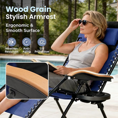 PHI VILLA XXL Oversized Padded Zero Gravity Chair Set of 2, Foldable Patio Recliner, 30" Wide Seat Anti Gravity Lounger with Armrest and Cup Holder, Support 400 LBS (Navy Blue)