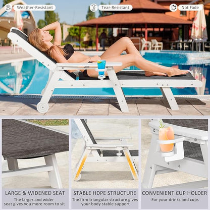 Outdoor Chaise Lounge Chair Set of 2, 5-Position Adjustable Patio Lounge Chair with Wheels & Cup Holder, HDPE Pool Lounge Chair with Textilene Surface, for Poolside & Beach (Grey-Brown, 2)