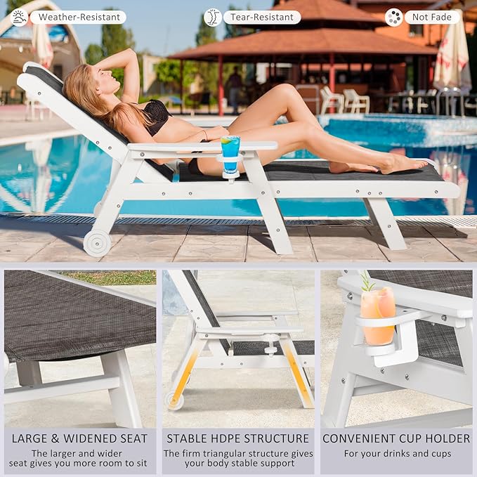 Outdoor Chaise Lounge Chair with Table, 5-Position Adjustable Patio Lounge Chair with Wheels & Cup Holder, HDPE Pool Lounge Chair for Outside, Poolside & Beach (Grey-Brown)