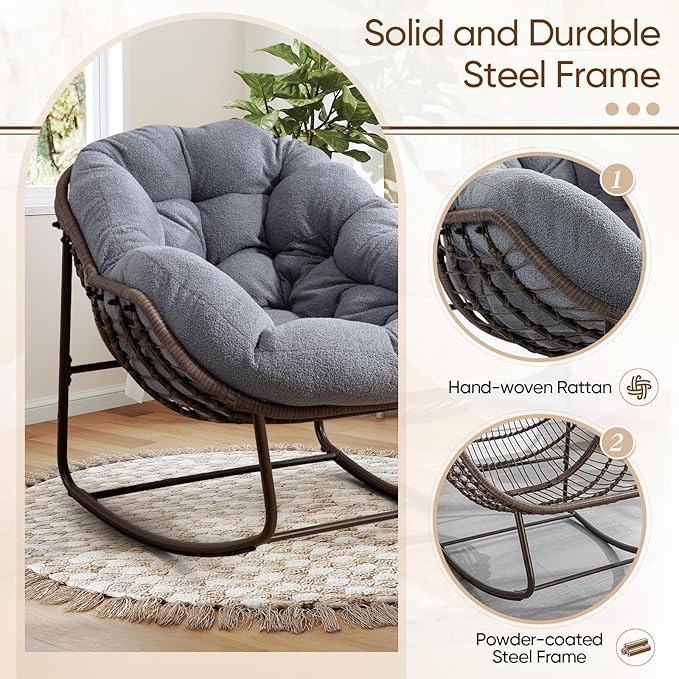 Large Indoor Rocking Chair Set of 2, Oversized Rocking Papasan Chair with Thick Cushion and Frame,Comfy Teddy Rocker Wicker Egg Chairs Lounge Reading Chair for Living Room, Bedroom, Dark Grey