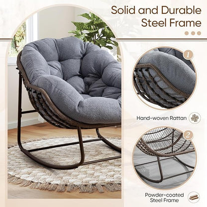 Large Indoor Rocking Chair, Oversized Rocking Papasan Chair with Thick Cushion and Frame,Comfy Teddy Rocker Wicker Egg Chairs Lounge Reading Chair for Living Room, Bedroom, Apartment, Dark Grey