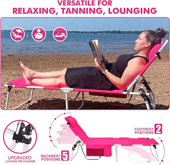 Oversized Extra Wide Tanning Chair with Sun Canopy Face Hole Padded Adjustable Washable, Heavy Duty Layout Folding Lounge Chair for Outside Beach Reading Sunbathing, UPF 50+, XL, Pink, 330 LBS