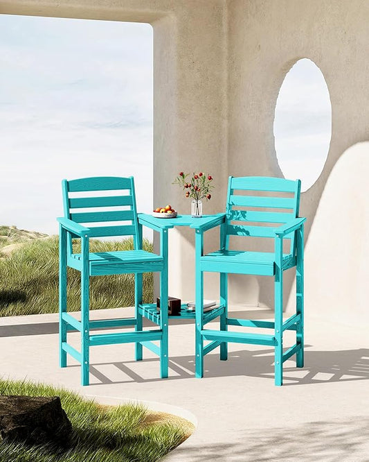 SERWALL Tall Adirondack Chairs Set of 2 with Connecting Table, All Weather Outdoor Barstools, Aruba Blue