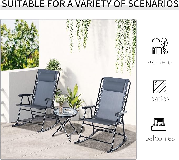 Outsunny 3 Piece Outdoor Rocking Bistro Set, Patio Folding Chair Table Set with Glass Coffee Table for Yard, Patio, Deck - Photo 4
