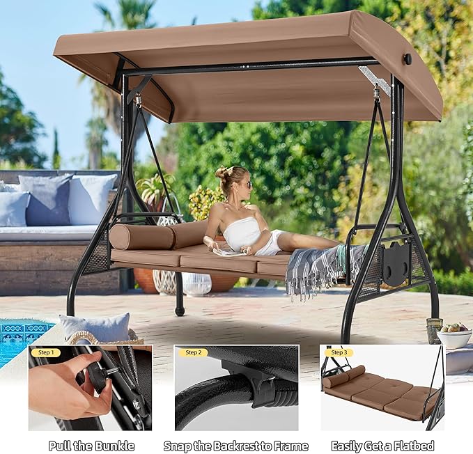 HOMREST 3 Seat Outdoor Porch Swing with Adjustable Canopy, Convertible Patio Swing Bed with Stand - Photo 5