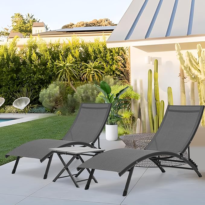 Athena Collection Outdoor Chaise Lounge Set, Aluminum Frame Pool Lounge Chairs with 5-Level Adjustable Backrest and Folding Side Table, Breathable Sun Lounger for Poolside Patio Outdoor, Grey