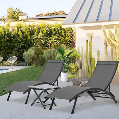 Athena Collection Outdoor Chaise Lounge Set, Aluminum Frame Pool Lounge Chairs with 5-Level Adjustable Backrest and Folding Side Table, Breathable Sun Lounger for Poolside Patio Outdoor, Grey