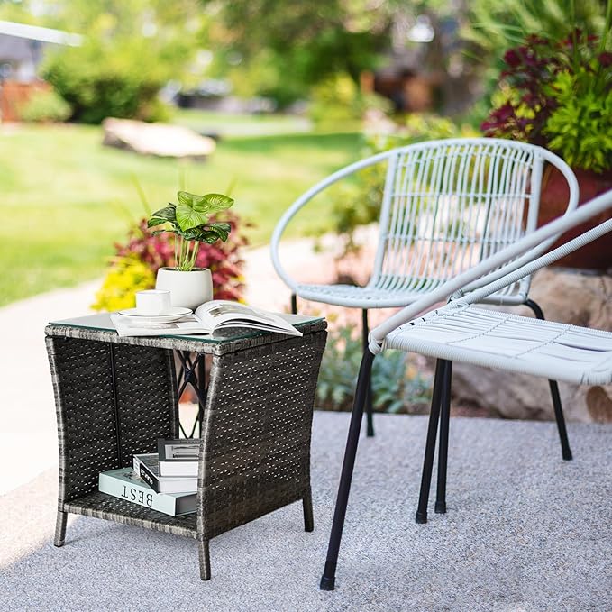 Outvita Outdoor Side Table, Rattan Coffee Table Small End Table with Glass Top Storage for Patio Porch Backyard Balcony