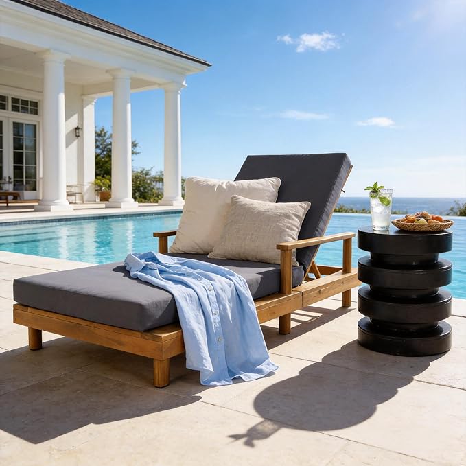 Christopher Knight Home Tuki Acacia Wood Chaise Lounge Chair Outdoor, Poolside Sun Lounger Recliner, Patio Outdoor Chaise Lounge with Cushions, Adjustable Backrest Single Lounge Sofa, Dark Grey+Teak