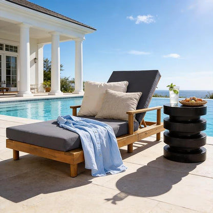 Christopher Knight Home Tuki Acacia Wood Chaise Lounge Chair Outdoor, Poolside Sun Lounger Recliner, Patio Outdoor Chaise Lounge with Cushions, Adjustable Backrest Single Lounge Sofa, Dark Grey+Teak