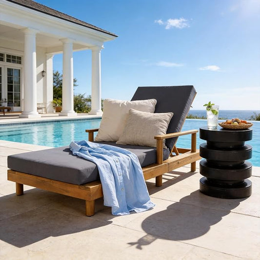 Christopher Knight Home Tuki Acacia Wood Chaise Lounge Chair Outdoor, Poolside Sun Lounger Recliner, Patio Outdoor Chaise Lounge with Cushions, Adjustable Backrest Single Lounge Sofa, Dark Grey+Teak