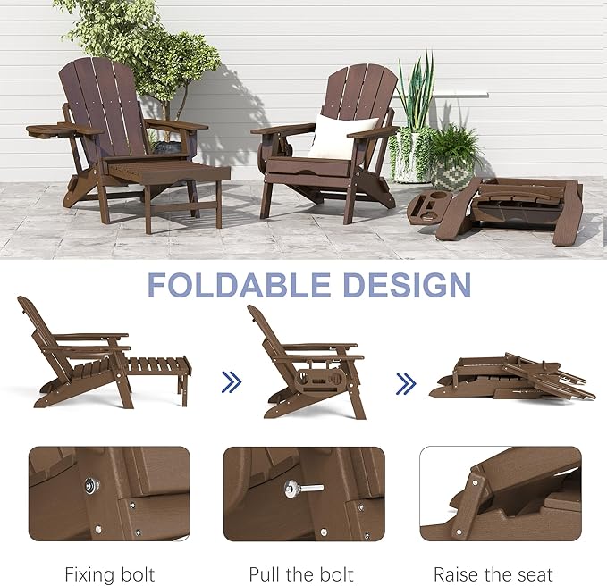 FOOWIN Adirondack Chair with Retractable Ottoman,HDPE Folding Adjustable Adirondack Chair w/4 in 1 Cup Holder Trays,All-Weather Resistant Fire Pit Chair for Outdoor Patio Lawn Set of 6