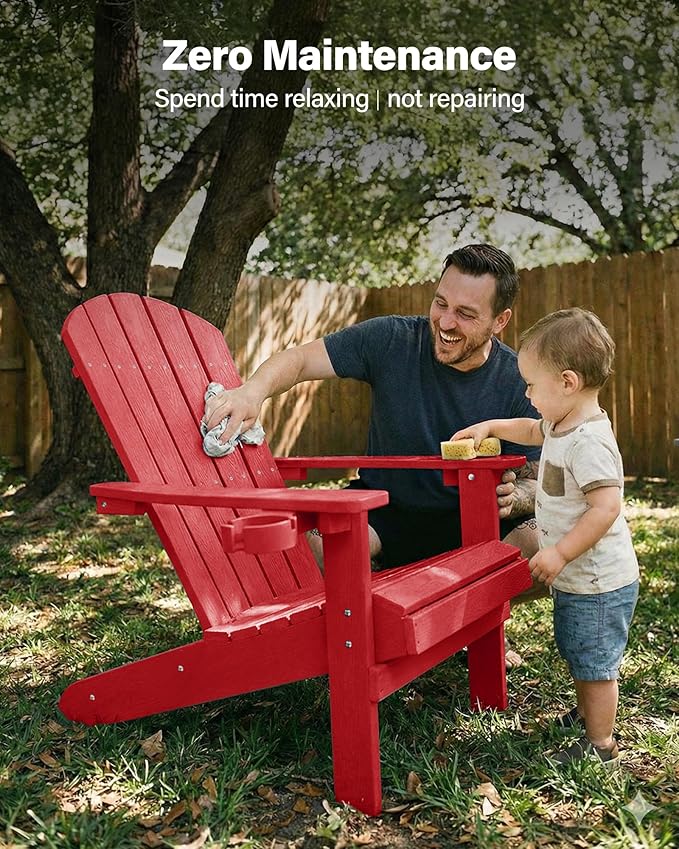 YEFU Adirondack Chairs Set of 8: Plastic Adirondack Chairs - Patio Chairs with Wood Texture - Outdoor Chair HIPS - Lawn Fire Pit Deck Porch Garden Chairs for Adults (Red)