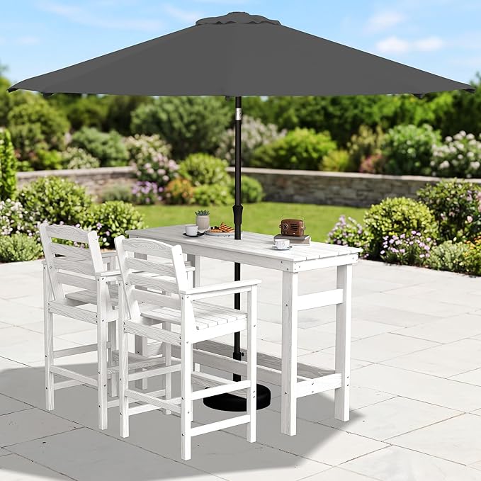 SERWALL Outdoor Bar Set with 9ft Umbrella, All-Weather HDPE Patio Bar Chairs and Table, Outdoor Furniture Set, White (Umbreall Base not Included)