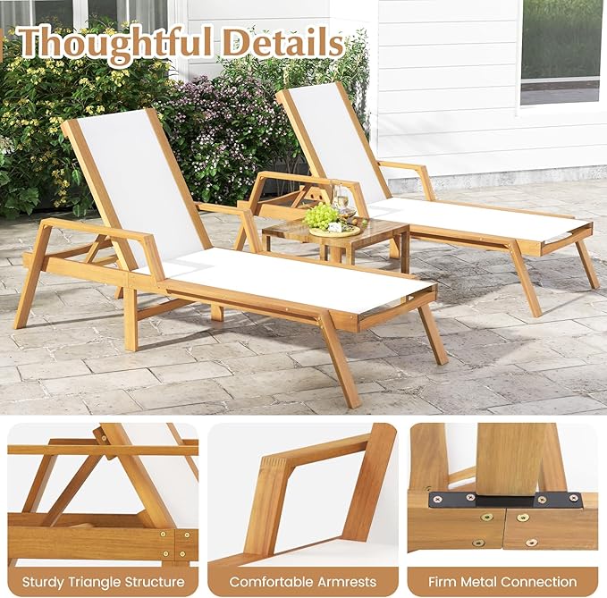 Tangkula Outdoor Wood Chaise Lounge Chair, Patio Sun Lounger with Adjustable Back, Eucalyptus Wood Lounge Chair with Breathable Fabric for Poolside Lawn Backyard (1, 75.5 inches)