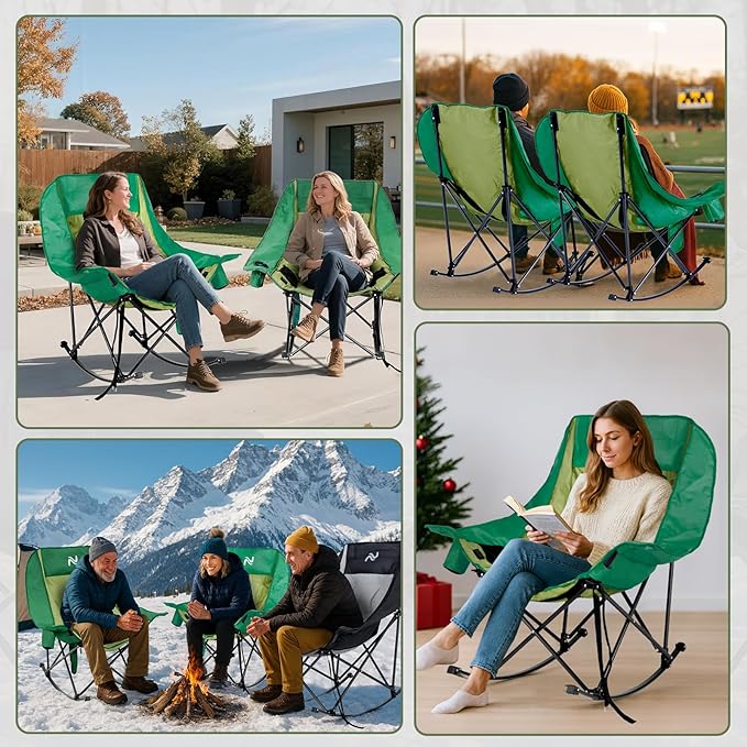 ABORON Heated Oversized Rocking Camping Chair for Adults, Fully Padded Folding Outdoor Lawn Chair with Side Pocket, Portable Recliner Chair for Camp, Patio, Backyard, Supports 400 lbs