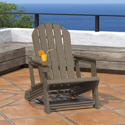 Costaelm Tool-Free Assembly Outdoor Patio HDPE Plastic Adirondack Chair with Cup Holder, Weathered Wood