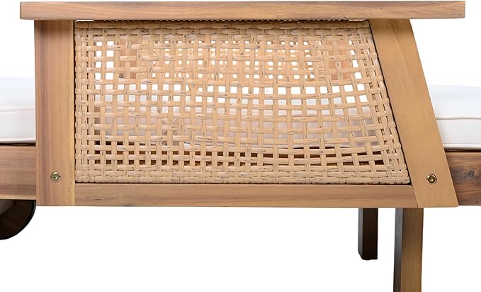 Merax Retro Acacia Wood Outdoor Chaise Lounge with Wheels & 3-Position Adjustable Backrest, Vintage Wicker Design Sun Lounger with Plush Removable Cushion for Patio, Garden & Poolside, Acacia Wood