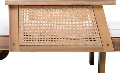 Merax Retro Acacia Wood Outdoor Chaise Lounge with Wheels & 3-Position Adjustable Backrest, Vintage Wicker Design Sun Lounger with Plush Removable Cushion for Patio, Garden & Poolside, Acacia Wood