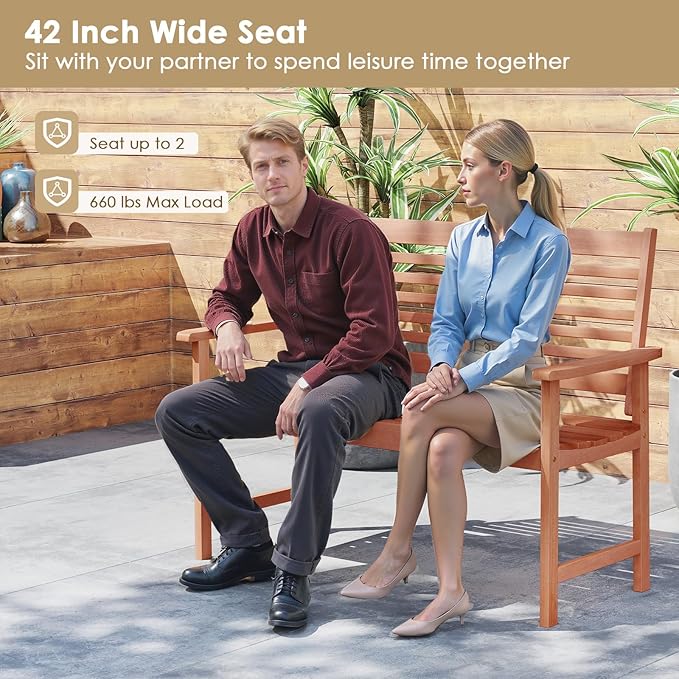 Byroce 2-Person Outdoor Bench, Solid Wood Patio Loveseat with Comfy Backrest & Armrest, Heavy Duty Garden Bench for Outdoors Backyard, Park, Balcony & Front Porch, Teak Oil Rubbed (Horizontal Slat)