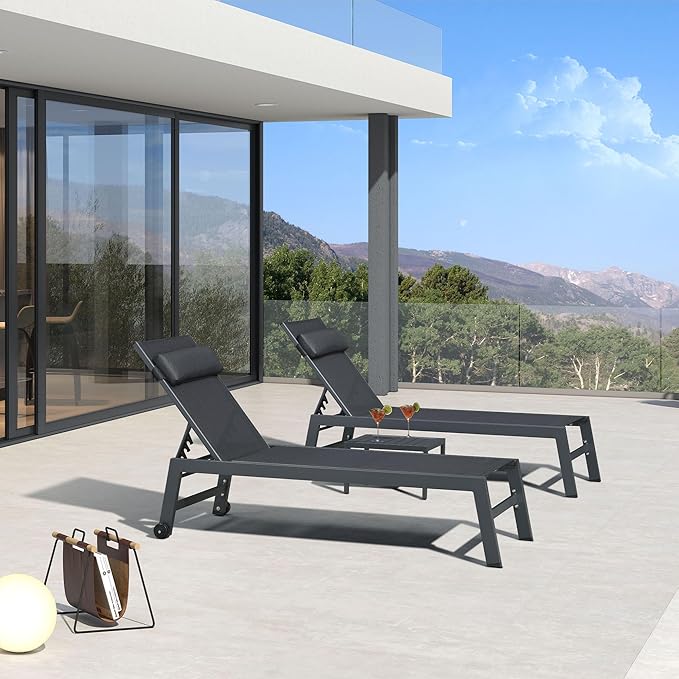 PURPLE LEAF Outdoor Lounge Chair Set Patio Chaise Pool Lounger Aluminum Frame with 2 Side Table and Wheels for Outside Sunbathing Tanning Recliner Including Pillows Gray