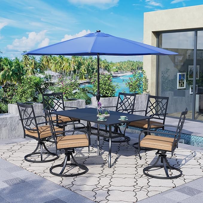 SUNCROWN 7 Pieces Outdoor Dining Set Metal Swivel Cushioned Chairs Patio Furniture Sets with Steel Slat Bistro Table and Dark Blue 10Ft Patio Umbrella for Backyard, Lawn, Garden