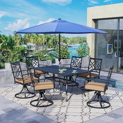 SUNCROWN 7 Pieces Outdoor Dining Set Metal Swivel Cushioned Chairs Patio Furniture Sets with Steel Slat Bistro Table and Dark Blue 10Ft Patio Umbrella for Backyard, Lawn, Garden