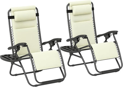 Outsunny Zero Gravity Chairs Set of 2, Reclining Folding Zero Gravity Lounge Chair, Outdoor Lounge Chairs with Cushion, Headrest, and Cup Phone Holder Tray for Patio, Beach, Cream White