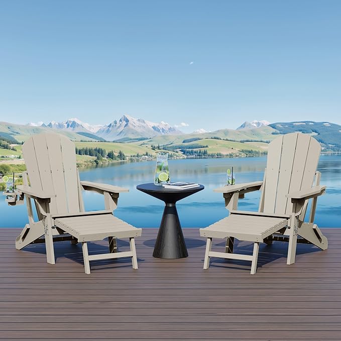 WestinTrends Malibu Folding Adjustable Adirondack Chair with Retractable Ottoman and Cup Holder (Set of 2), Sand