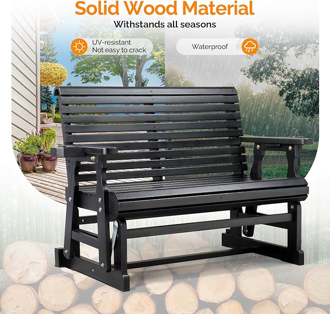 VINGLI Outdoor Glider Wood Patio Chair with Cup Holders, Outdoor Bench Glider Loveseat with Smooth Rocking Mechanism, Heavy Duty 800 LBS, Black