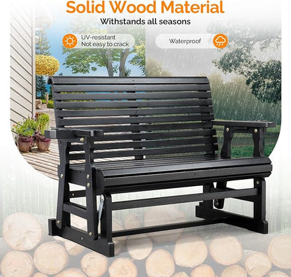 VINGLI Outdoor Glider Wood Patio Chair with Cup Holders, Outdoor Bench Glider Loveseat with Smooth Rocking Mechanism, Heavy Duty 800 LBS, Black