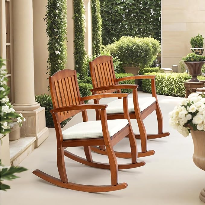 VINGLI Patio Rocking Chair with Cushion, Wood Rocking Bench with Comfortable Backrest, Outdoor Wooden Rocker Support 450 LBS for Indoors & Outdoors (Teak, 1 PCS)