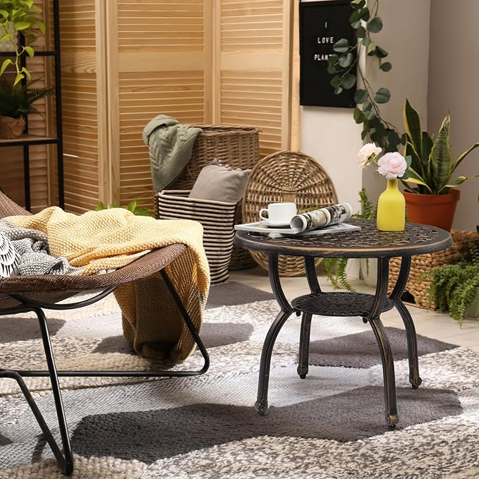 23.6” Cast Aluminum Outdoor Side Table, All Weather Round Patio Coffee Table Porch Table Outdoor Bistro Table for Indoor Garden Porch Balcony, Antique Bronze