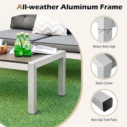 Tangkula Aluminum Outdoor Coffee Table, Modern Rectangular Cocktail Table with Plastic Wood Tabletop & Rustproof Aluminum Frame, All-Weather Accent Table for Patio, Poolside, Garden (Grey)